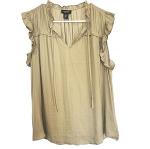 Jones New York Olive Green Ruffled Sleeveless Tie Front Blouse - Sz XL